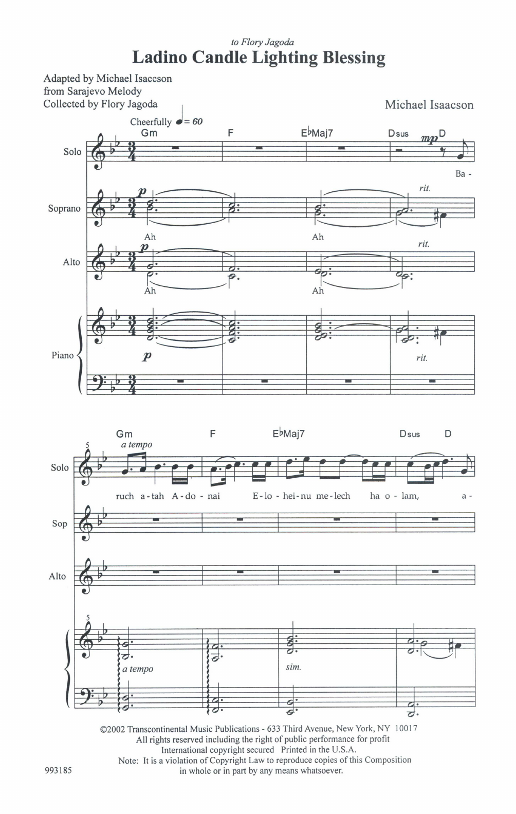 Michael Isaacson Ladino Candle Blessing sheet music notes and chords. Download Printable PDF.