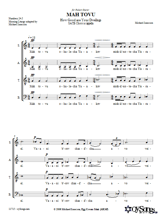 Michael Isaacson Mah Tovu sheet music notes and chords. Download Printable PDF.