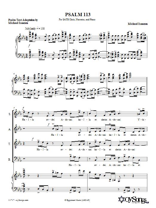 Learn to play Michael Isaacson Psalm 113 (Hal'luyah) sheet music for SATB Choir in minutes. Price: 3.9900$ Michael Isaacson Psalm 113 (Hal'luyah) sheet music notes and chords arranged for SATB Choir