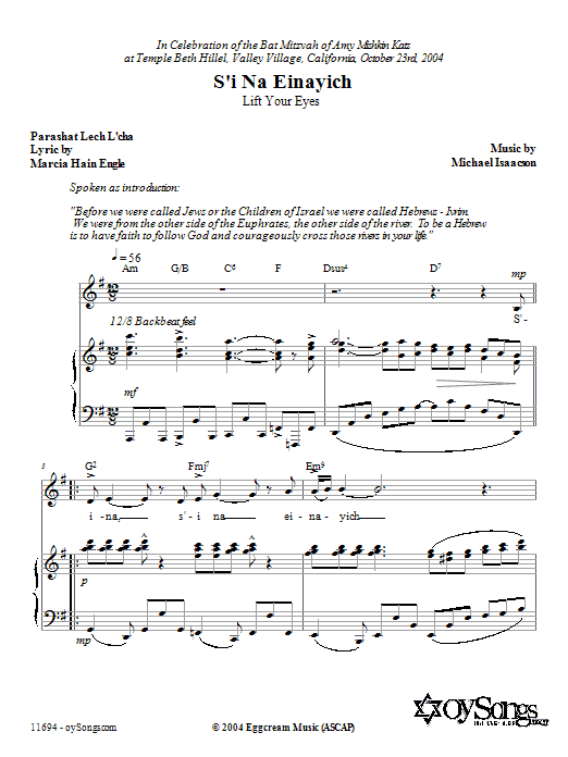 Learn to play Michael Isaacson S'I Na Einayich sheet music for Piano, Vocal & Guitar Chords (Right-Hand Melody) in minutes. Price: 6.9900$ Michael Isaacson S'I Na Einayich sheet music notes and chords arranged for Piano, Vocal & Guitar Chords (Right-Hand Melody)