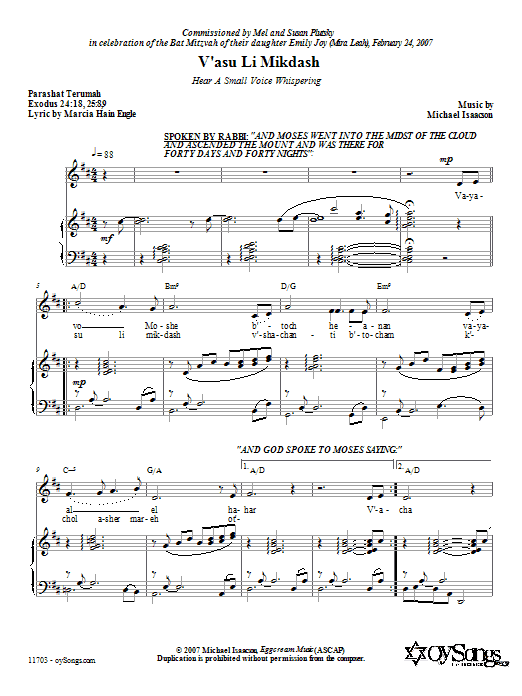 Learn to play Michael Isaacson V'asu Li Mikdash (Hear a Small Voice Whispering) sheet music for Piano, Vocal & Guitar Chords (Right-Hand Melody) in minutes. Price: 6.9900$ Michael Isaacson V'asu Li Mikdash (Hear a Small Voice Whispering) sheet music notes and chords arranged for Piano, Vocal & Guitar Chords (Right-Hand Melody)