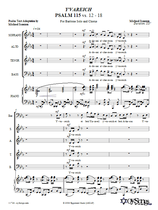 Learn to play Michael Isaacson Y'vareich (Psalm 115) sheet music for SATB Choir in minutes. Price: 3.9900$ Michael Isaacson Y'vareich (Psalm 115) sheet music notes and chords arranged for SATB Choir