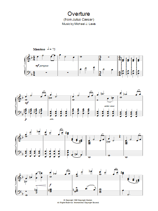 Learn to play Michael J. Lewis Overture (from Julius Caesar) sheet music for Piano Solo in minutes. Michael J. Lewis Overture (from Julius Caesar) sheet music notes and chords. Download Printable PDF.