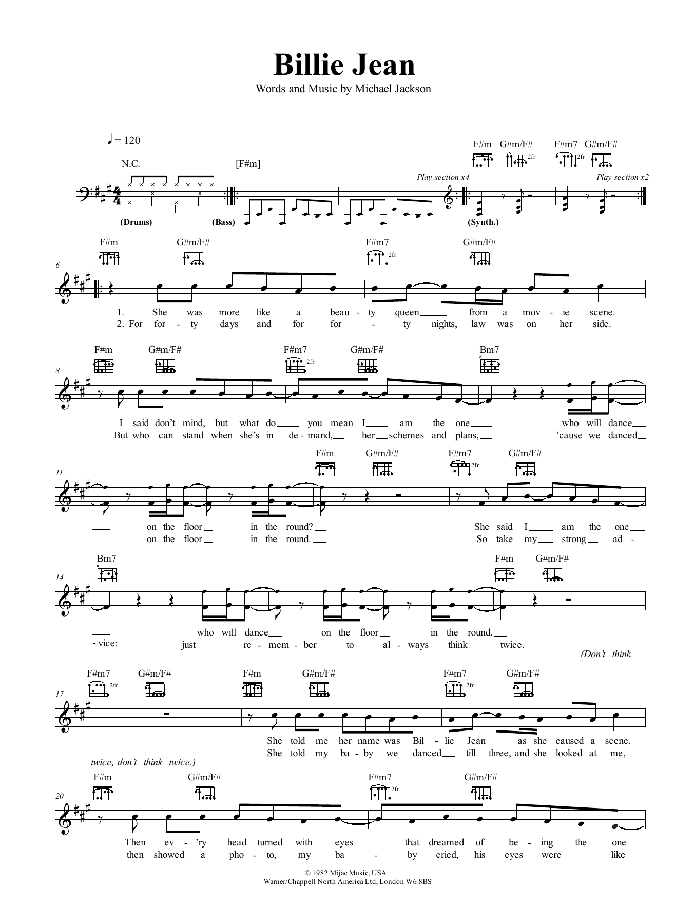 Michael Jackson Billie Jean sheet music notes and chords. Download Printable PDF.