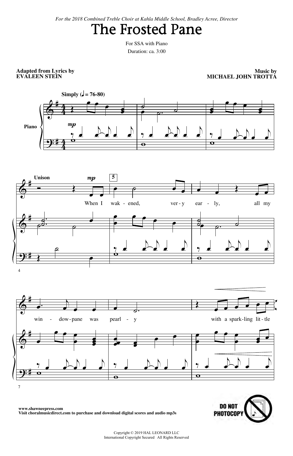 Learn to play Michael John Trotta The Frosted Pane sheet music for SSA Choir in minutes. Price: 3.9900$ Michael John Trotta The Frosted Pane sheet music notes and chords arranged for SSA Choir