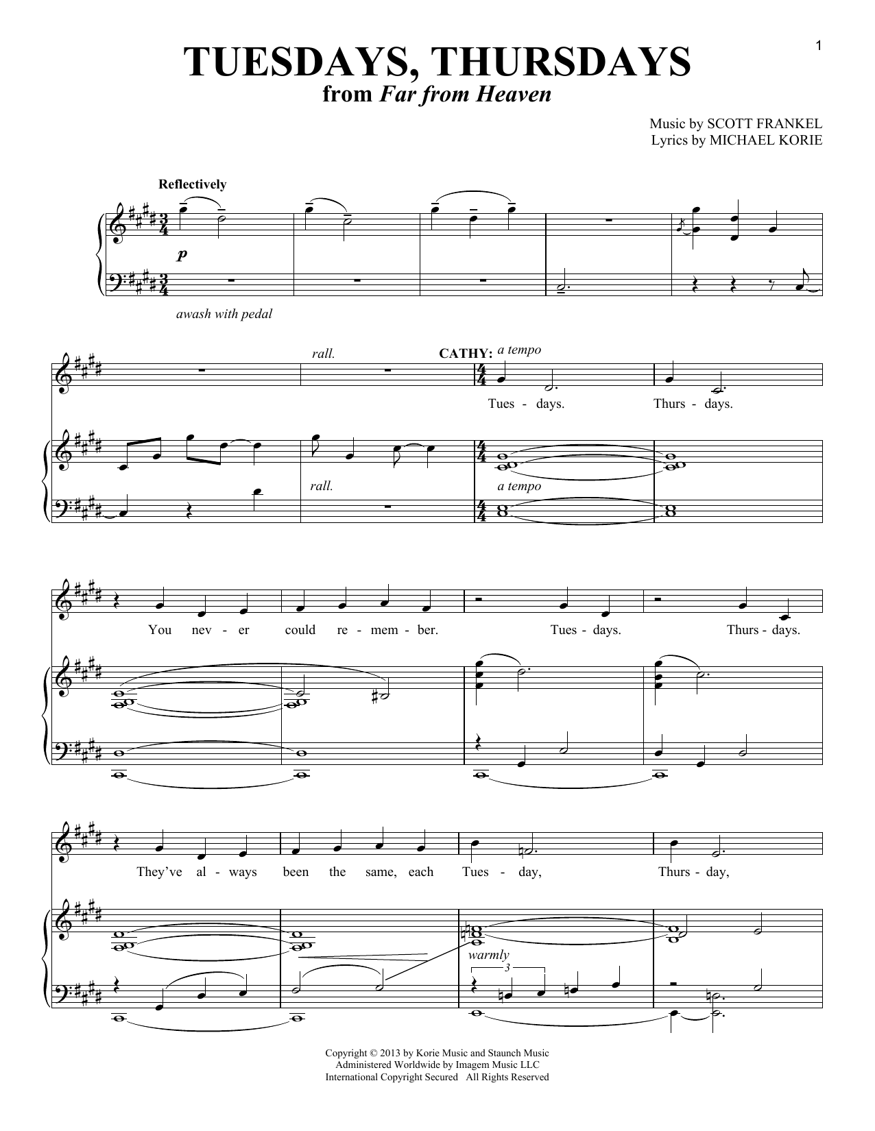 Michael Korie Tuesdays, Thursdays sheet music notes and chords. Download Printable PDF.