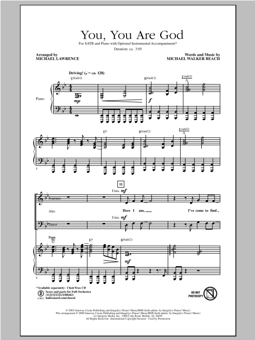 Learn to play Michael Lawrence You, You Are God sheet music for SATB Choir in minutes. Price: 3.9900$ Michael Lawrence You, You Are God sheet music notes and chords arranged for SATB Choir