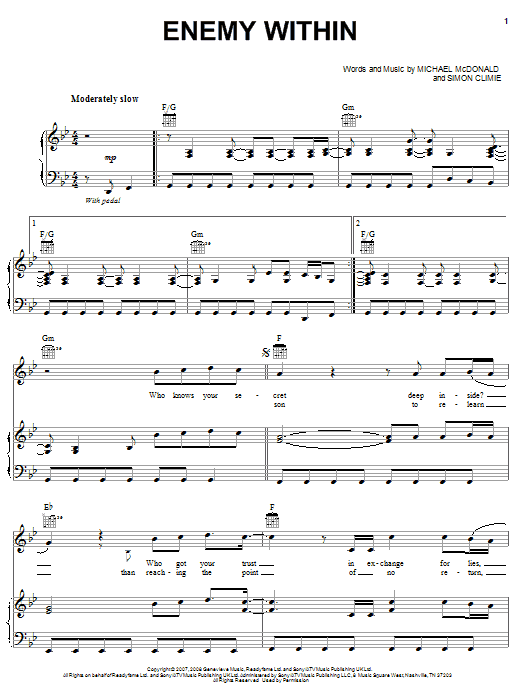 Michael McDonald Enemy Within sheet music notes and chords. Download Printable PDF.