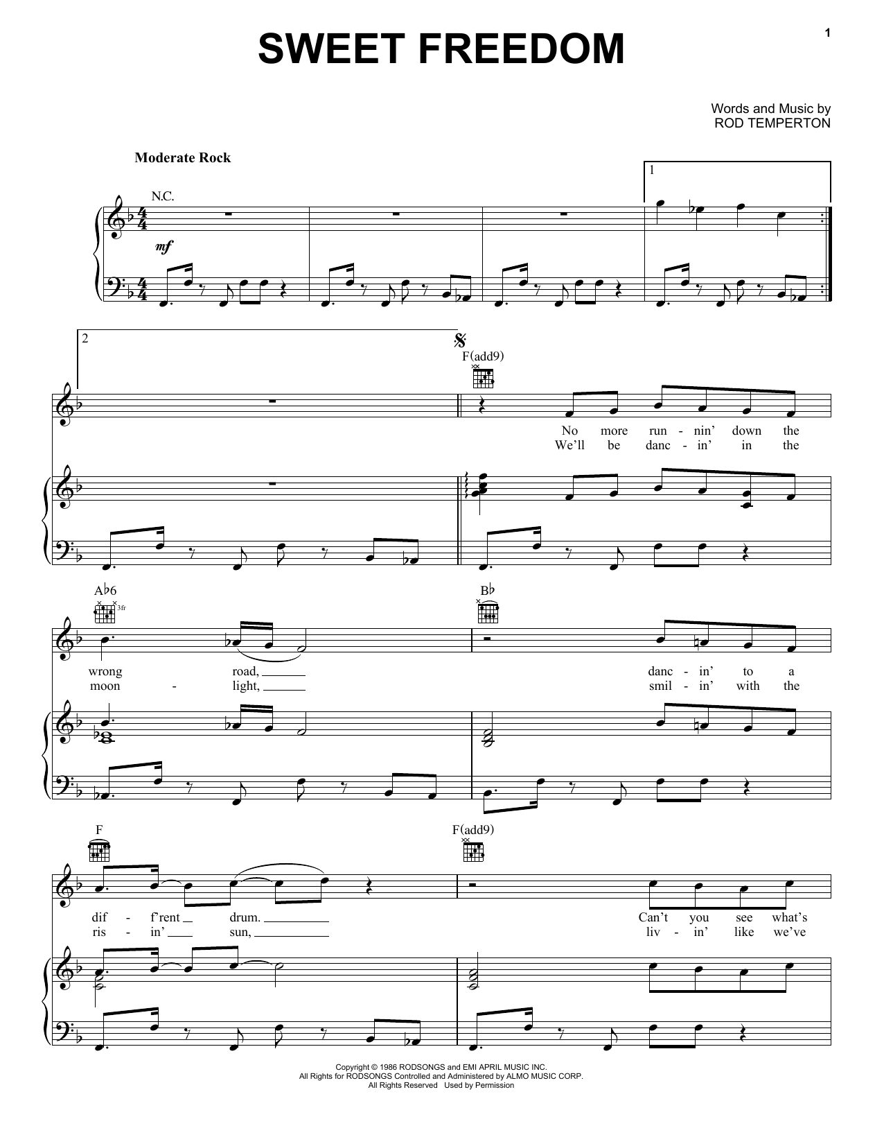 Michael McDonald Sweet Freedom sheet music notes and chords. Download Printable PDF.