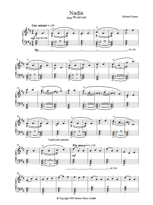 Michael Nyman Nadia (from Wonderland) sheet music notes and chords. Download Printable PDF.