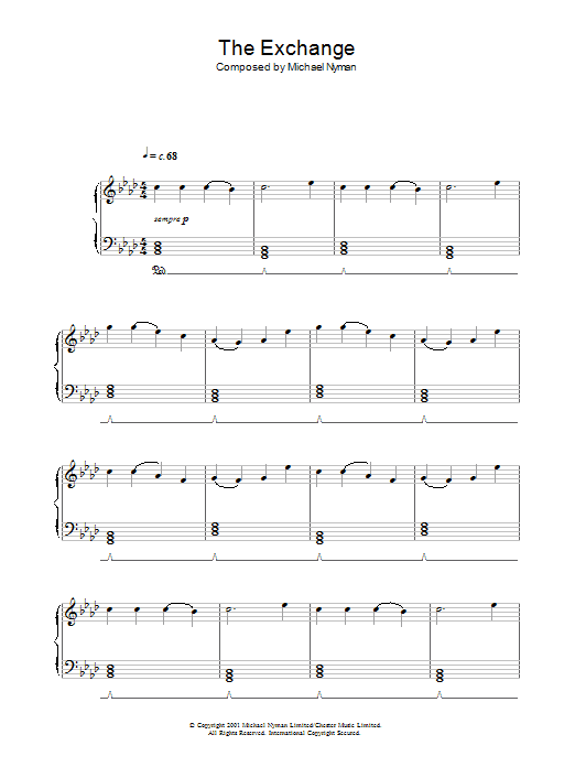 Learn to play Michael Nyman The Exchange (from The Claim) sheet music for Piano Solo in minutes. Michael Nyman The Exchange (from The Claim) sheet music notes and chords. Download Printable PDF.