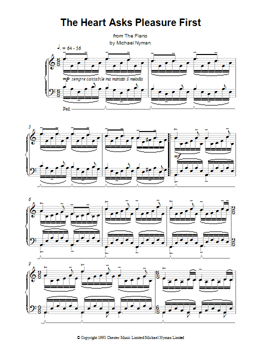 Michael Nyman The Heart Asks Pleasure First: The Promise/The Sacrifice (from The Piano) sheet music notes and chords. Download Printable PDF.