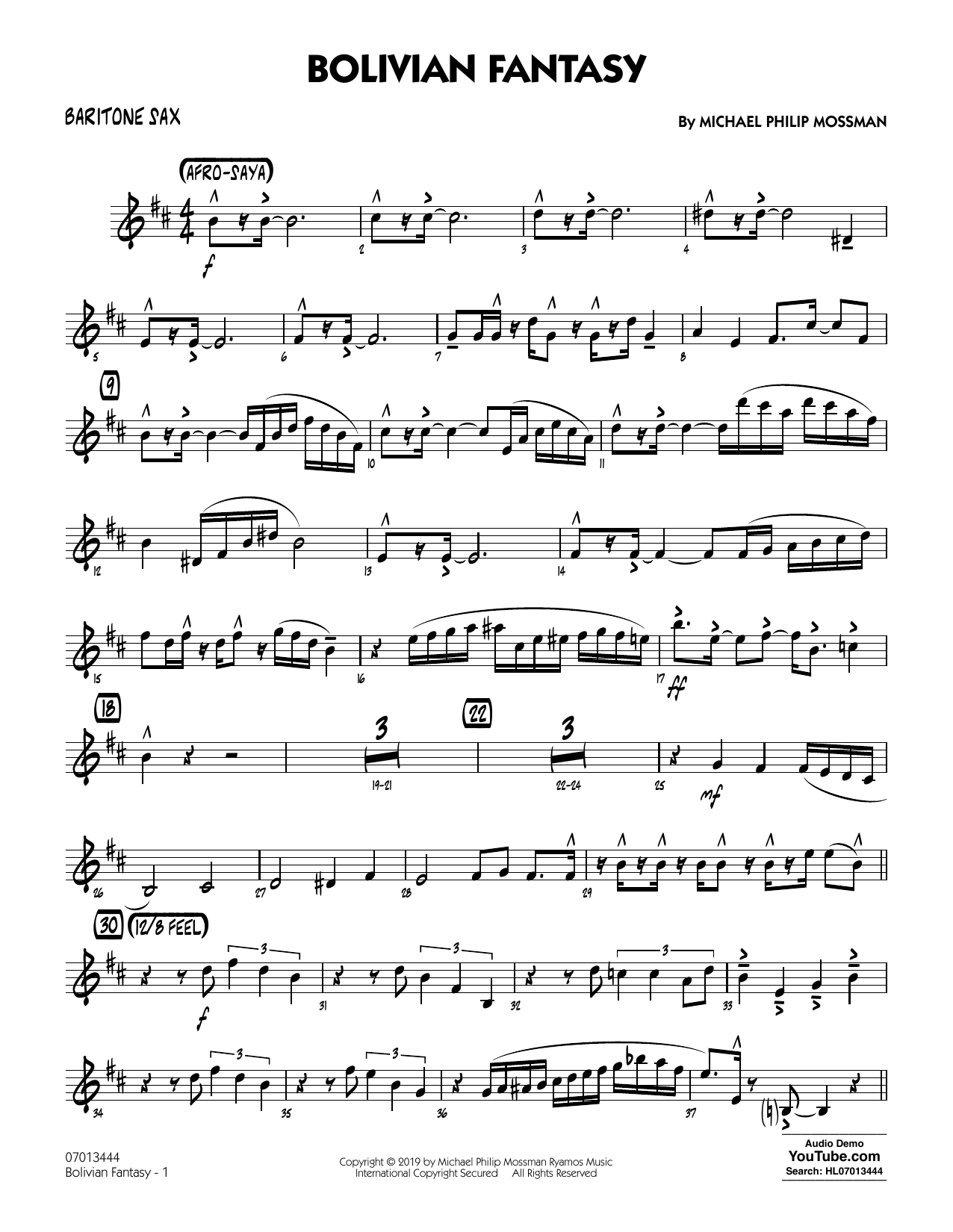 Learn to play Michael Philip Mossman Bolivian Fantasy - Baritone Sax sheet music for Jazz Ensemble in minutes. Price: 5.9900$ Michael Philip Mossman Bolivian Fantasy - Baritone Sax sheet music notes and chords arranged for Jazz Ensemble