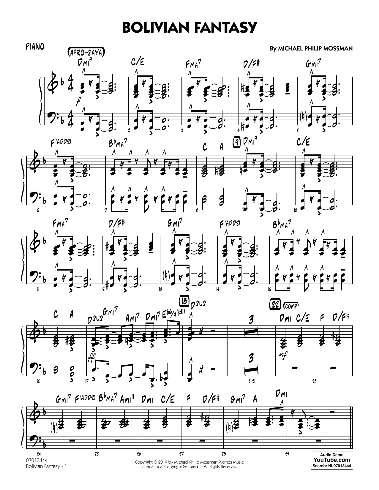 Learn to play Michael Philip Mossman Bolivian Fantasy - Piano sheet music for Jazz Ensemble in minutes. Price: 5.9900$ Michael Philip Mossman Bolivian Fantasy - Piano sheet music notes and chords arranged for Jazz Ensemble