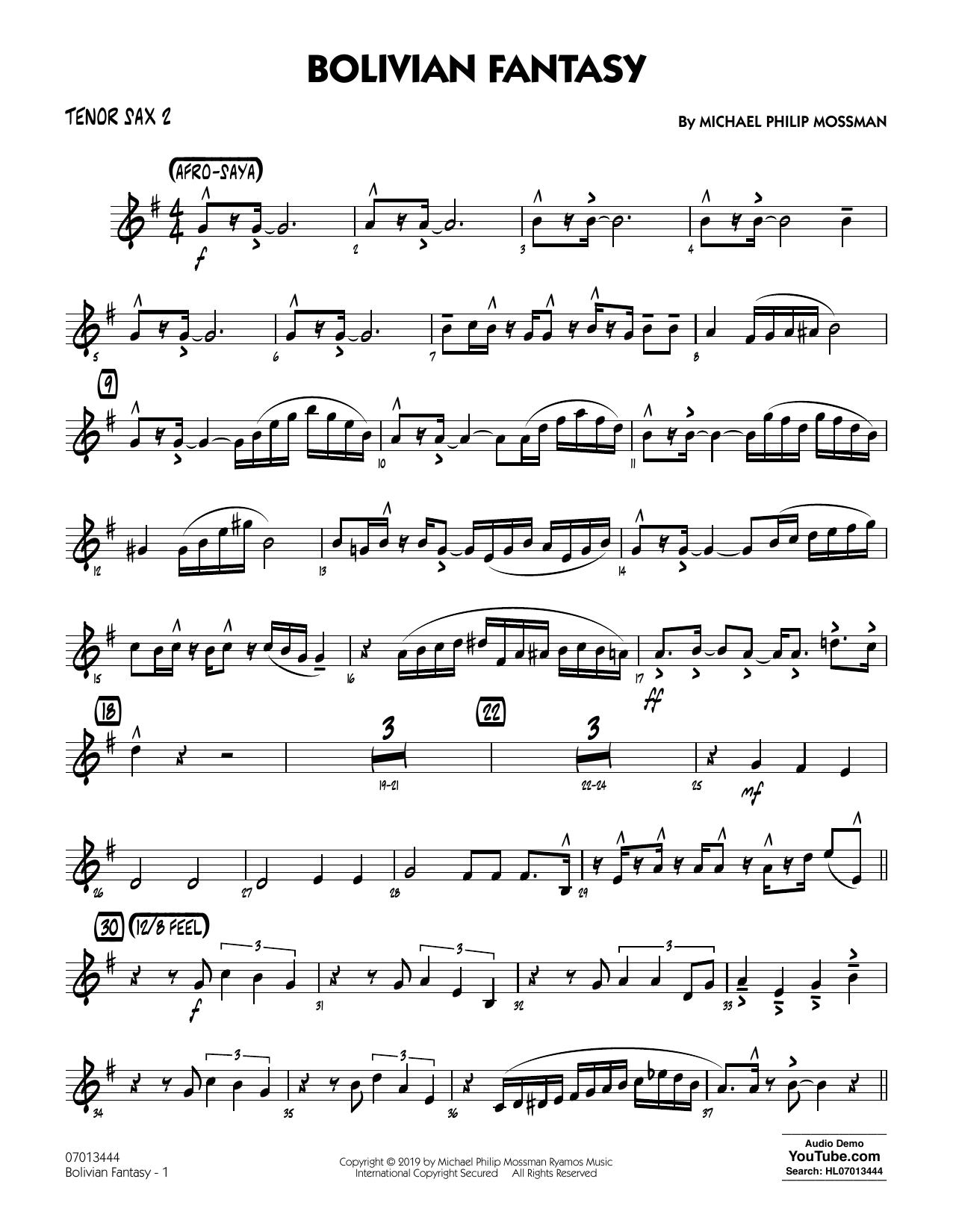 Learn to play Michael Philip Mossman Bolivian Fantasy - Tenor Sax 2 sheet music for Jazz Ensemble in minutes. Price: 5.9900$ Michael Philip Mossman Bolivian Fantasy - Tenor Sax 2 sheet music notes and chords arranged for Jazz Ensemble