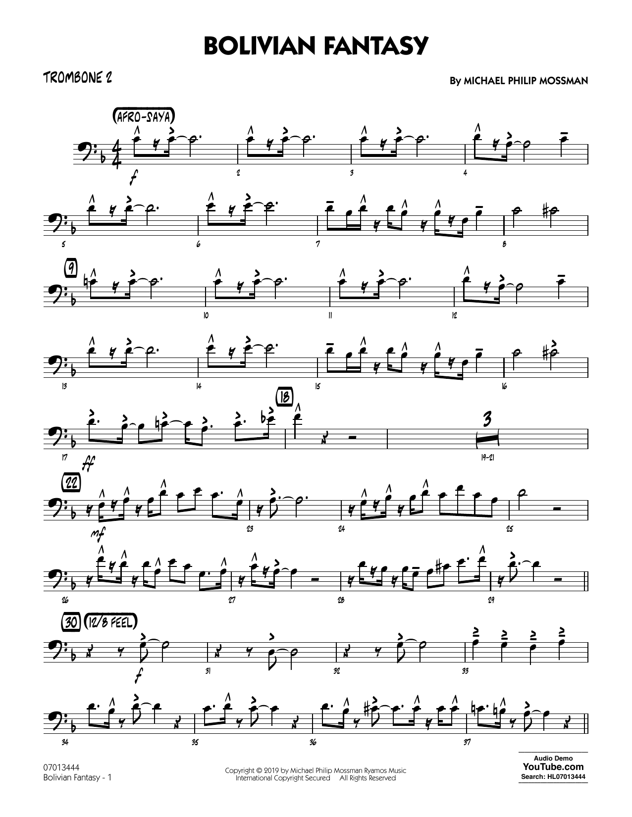 Learn to play Michael Philip Mossman Bolivian Fantasy - Trombone 2 sheet music for Jazz Ensemble in minutes. Price: 5.9900$ Michael Philip Mossman Bolivian Fantasy - Trombone 2 sheet music notes and chords arranged for Jazz Ensemble