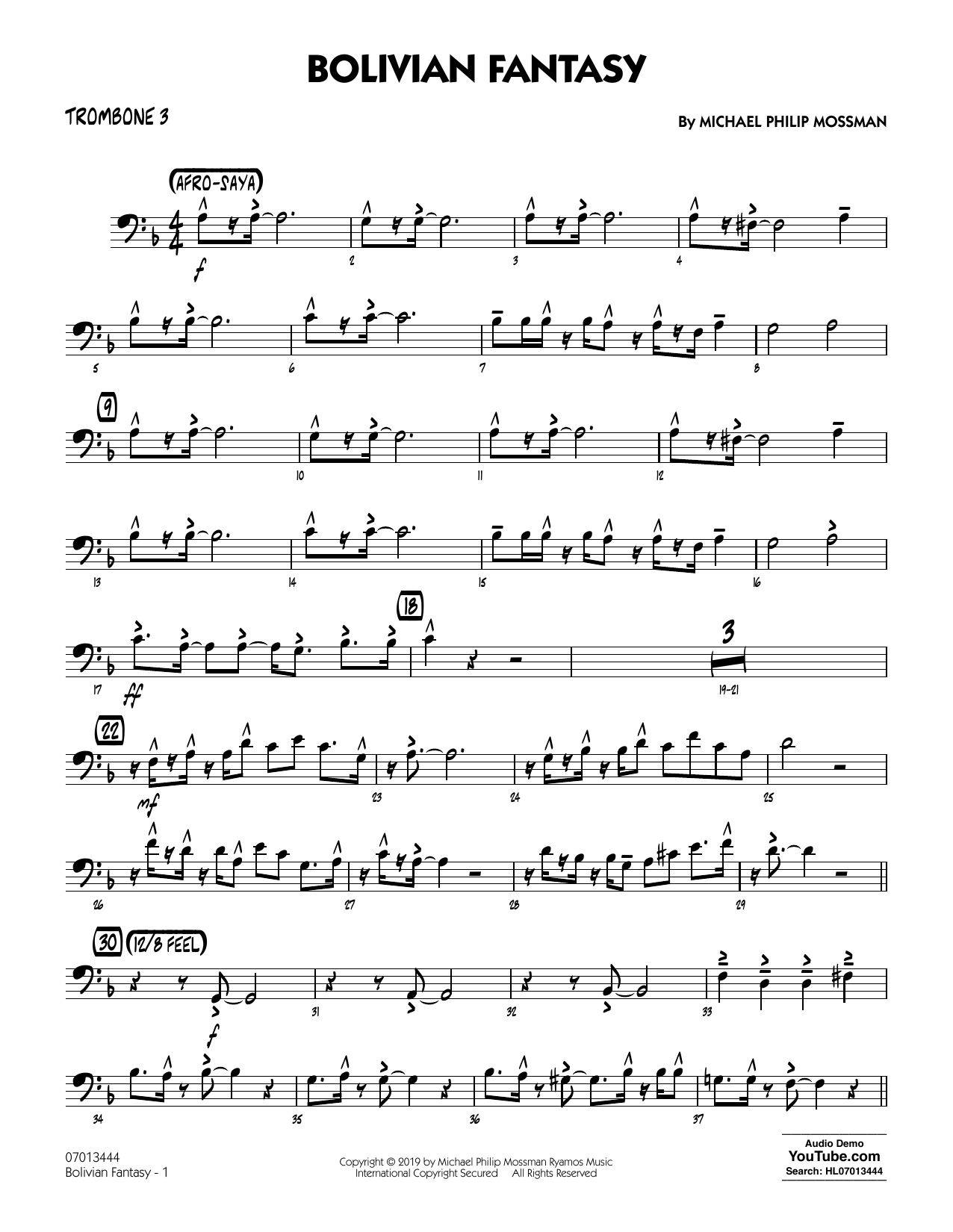 Learn to play Michael Philip Mossman Bolivian Fantasy - Trombone 3 sheet music for Jazz Ensemble in minutes. Price: 5.9900$ Michael Philip Mossman Bolivian Fantasy - Trombone 3 sheet music notes and chords arranged for Jazz Ensemble