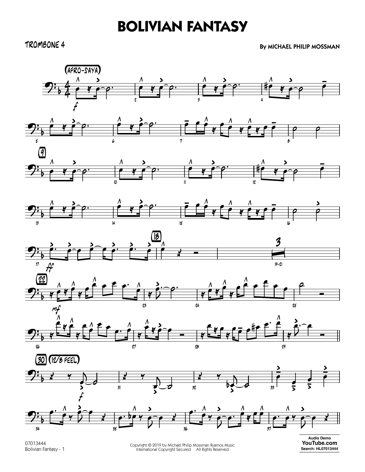 Learn to play Michael Philip Mossman Bolivian Fantasy - Trombone 4 sheet music for Jazz Ensemble in minutes. Price: 5.9900$ Michael Philip Mossman Bolivian Fantasy - Trombone 4 sheet music notes and chords arranged for Jazz Ensemble