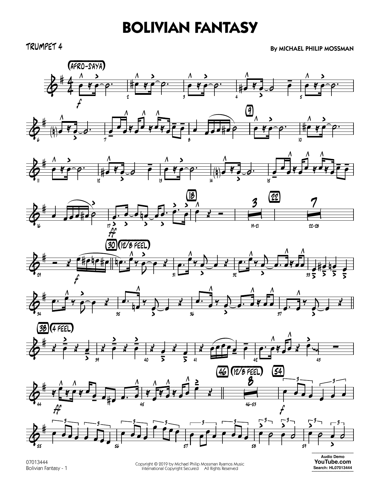 Learn to play Michael Philip Mossman Bolivian Fantasy - Trumpet 4 sheet music for Jazz Ensemble in minutes. Price: 5.9900$ Michael Philip Mossman Bolivian Fantasy - Trumpet 4 sheet music notes and chords arranged for Jazz Ensemble