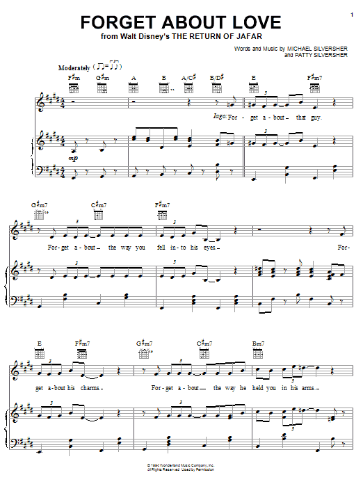 Learn to play Michael Silversher Forget About Love (from The Return of Jafar) sheet music for Big Note Piano in minutes. Price: 6.9900$ Michael Silversher Forget About Love (from The Return of Jafar) sheet music notes and chords arranged for Big Note Piano