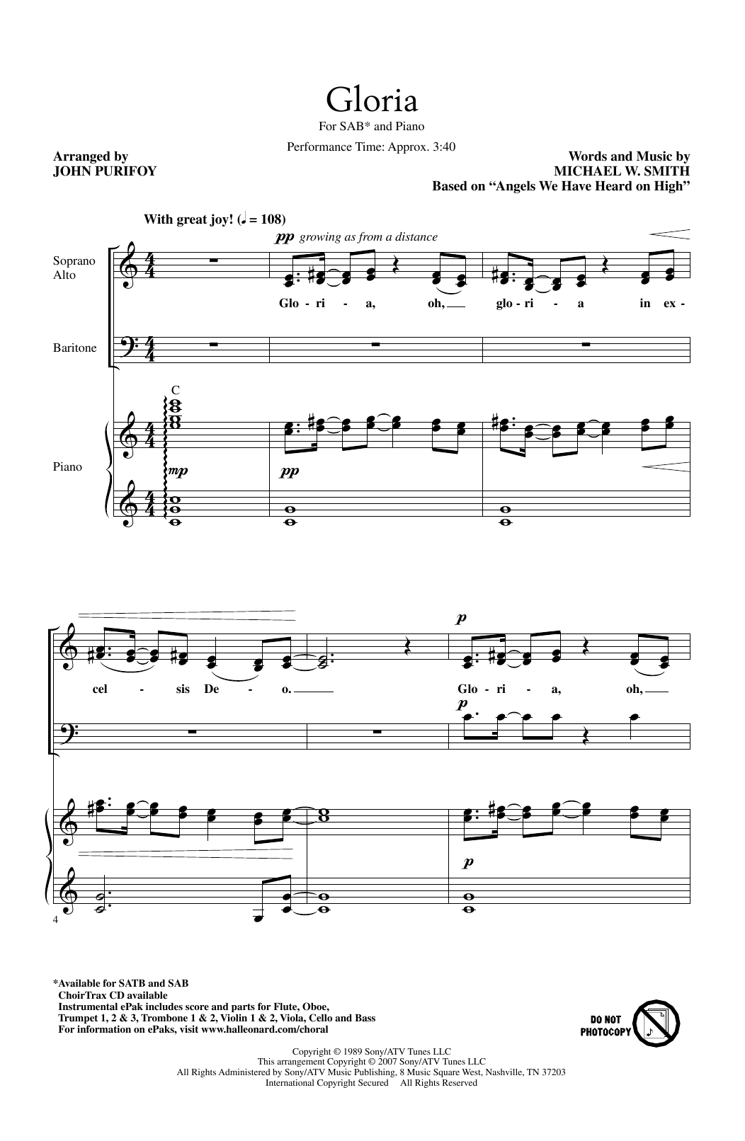 Learn to play Michael W. Smith Gloria (arr. John Purifoy) sheet music for SATB Choir in minutes. Price: 3.9900$ Michael W. Smith Gloria (arr. John Purifoy) sheet music notes and chords arranged for SATB Choir