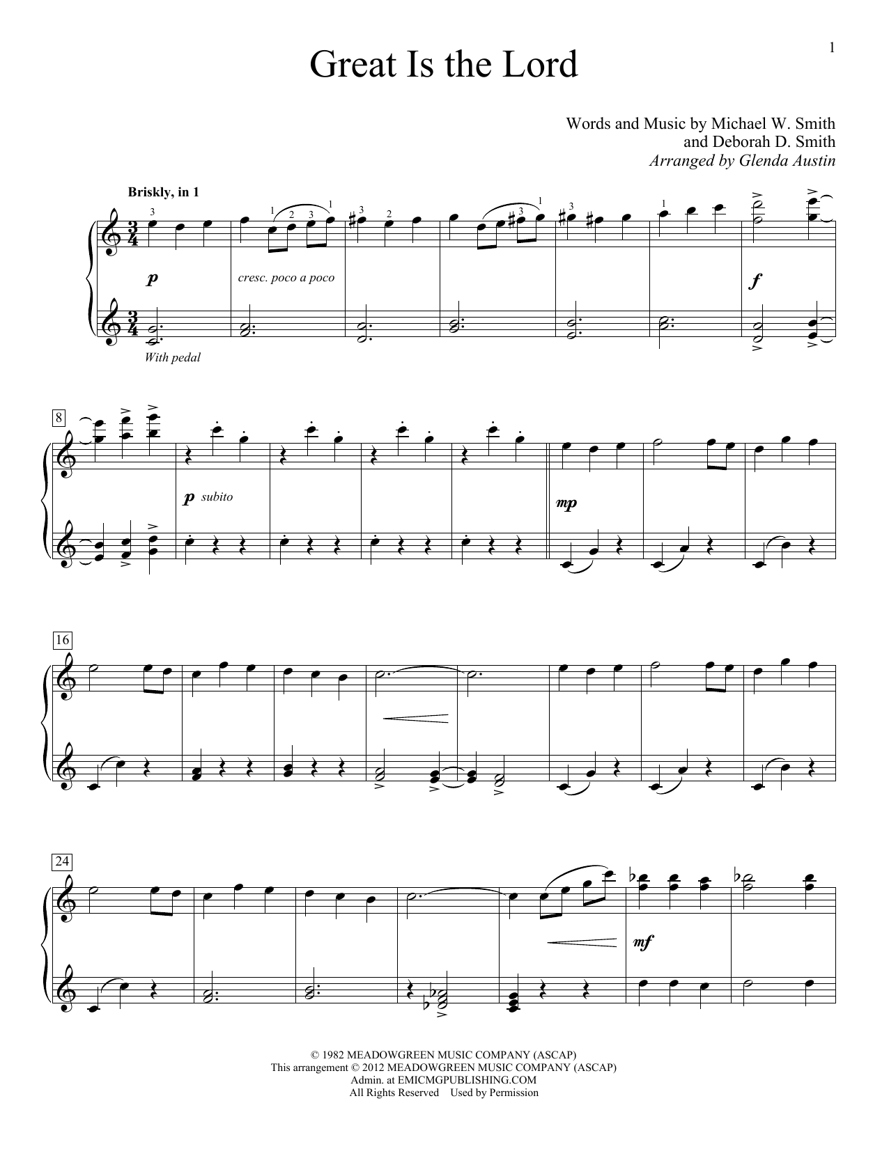Learn to play Glenda Austin Great Is The Lord sheet music for Educational Piano in minutes. Price: 6.9900$ Glenda Austin Great Is The Lord sheet music notes and chords arranged for Educational Piano