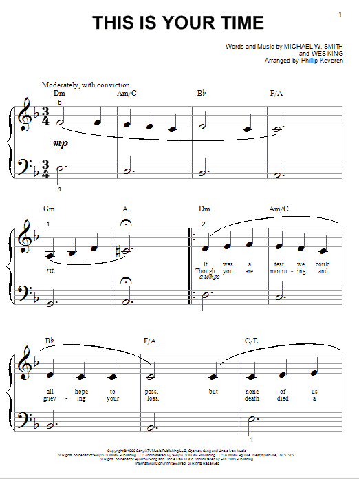 Learn to play Michael W. Smith This Is Your Time sheet music for Big Note Piano in minutes. Price: 6.9900$ Michael W. Smith This Is Your Time sheet music notes and chords arranged for Big Note Piano