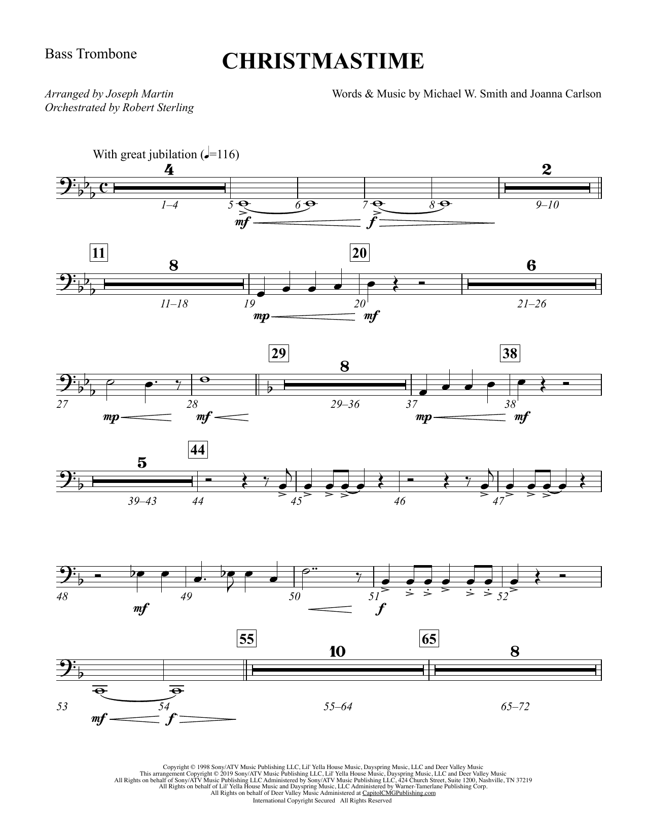 Learn to play Michael W. Smith & Joanna Carlson Christmastime (arr. Joseph M. Martin) - Bass Trombone sheet music for Choir Instrumental Pak in minutes. Price: 8.9900$ Michael W. Smith & Joanna Carlson Christmastime (arr. Joseph M. Martin) - Bass Trombone sheet music notes and chords arranged for Choir Instrumental Pak