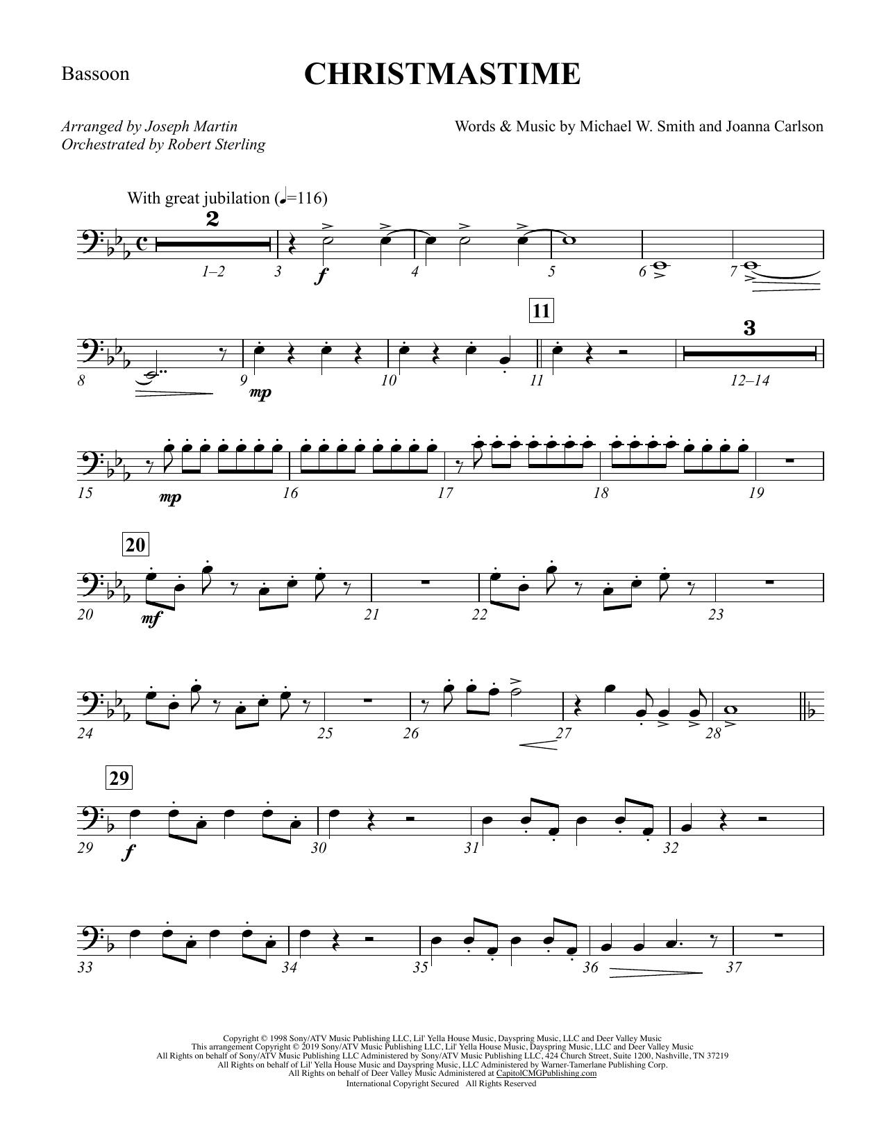 Learn to play Michael W. Smith & Joanna Carlson Christmastime (arr. Joseph M. Martin) - Bassoon sheet music for Choir Instrumental Pak in minutes. Price: 8.9900$ Michael W. Smith & Joanna Carlson Christmastime (arr. Joseph M. Martin) - Bassoon sheet music notes and chords arranged for Choir Instrumental Pak