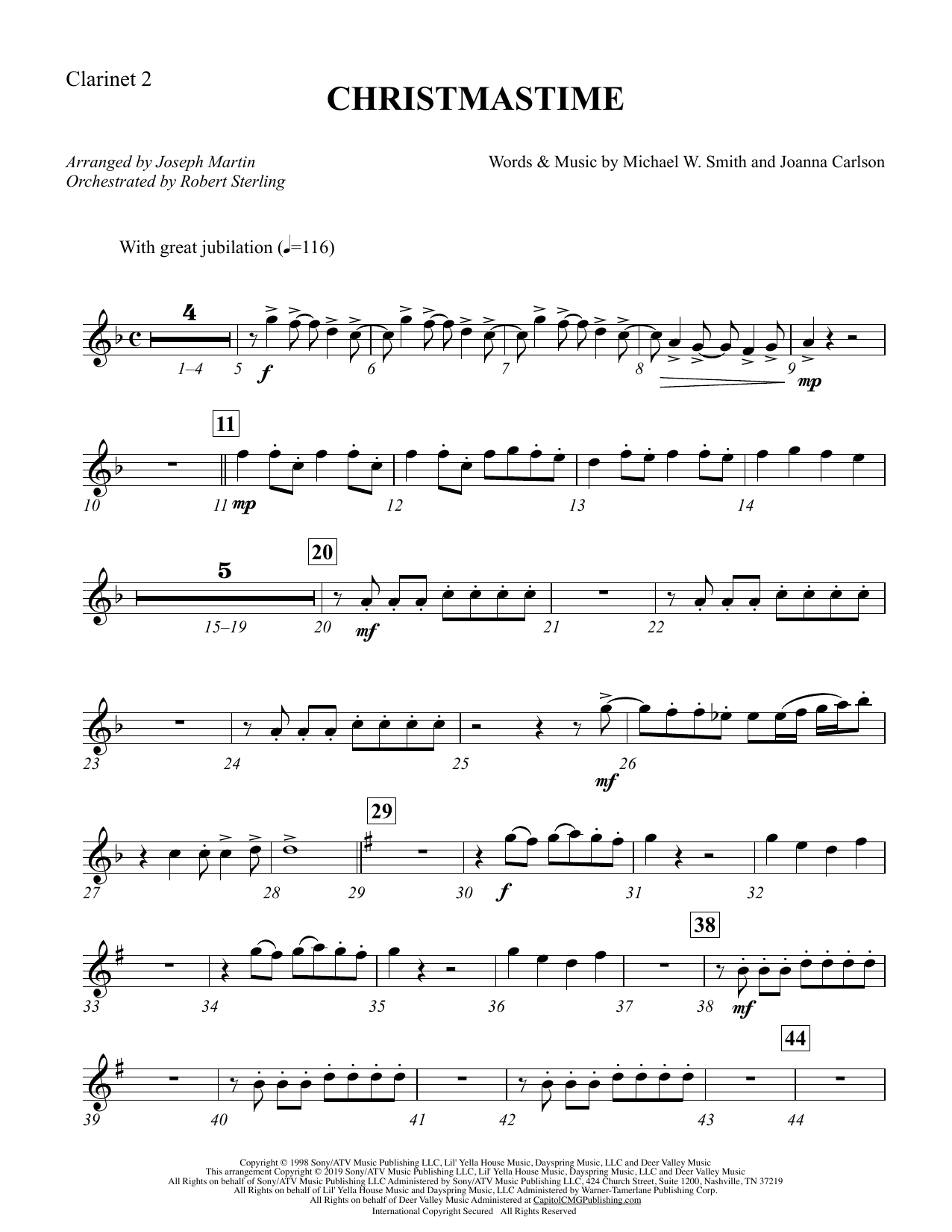 Learn to play Michael W. Smith & Joanna Carlson Christmastime (arr. Joseph M. Martin) - Bb Clarinet 2 sheet music for Choir Instrumental Pak in minutes. Price: 8.9900$ Michael W. Smith & Joanna Carlson Christmastime (arr. Joseph M. Martin) - Bb Clarinet 2 sheet music notes and chords arranged for Choir Instrumental Pak