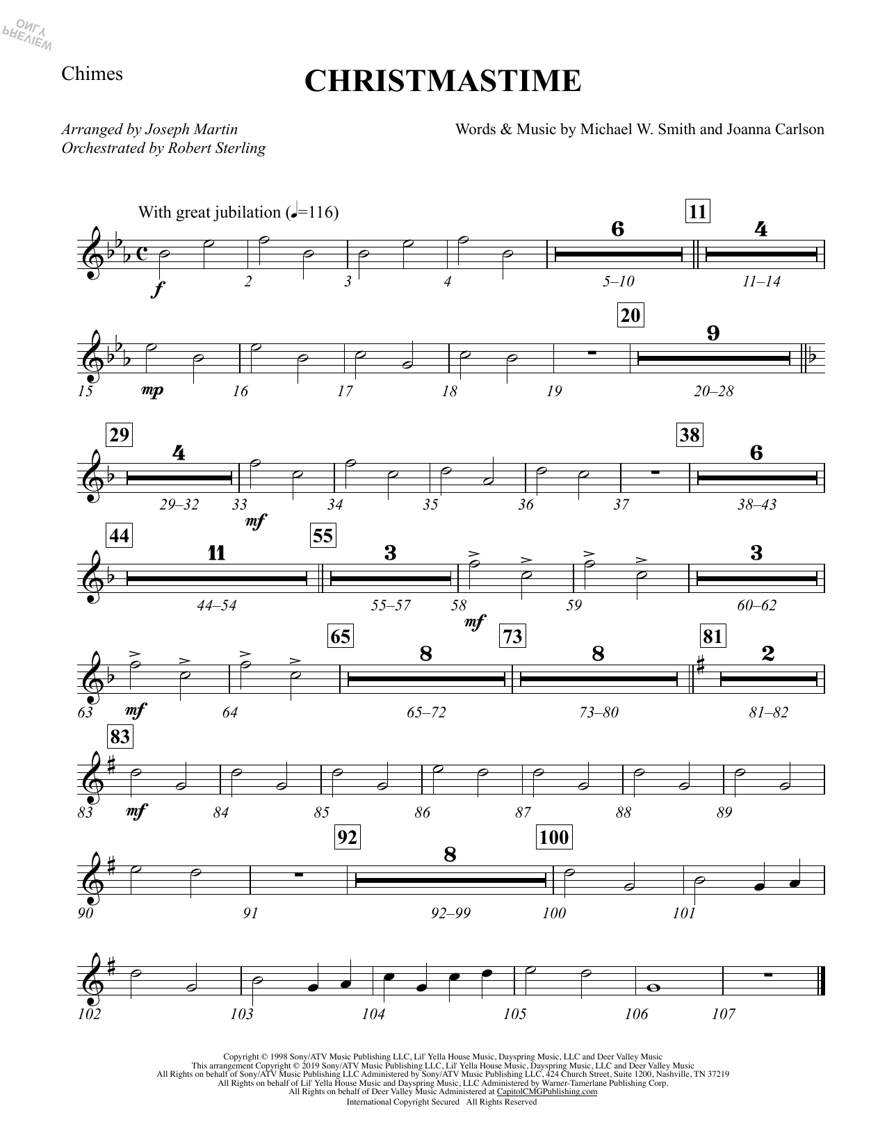 Learn to play Michael W. Smith & Joanna Carlson Christmastime (arr. Joseph M. Martin) - Chimes sheet music for Choir Instrumental Pak in minutes. Price: 8.9900$ Michael W. Smith & Joanna Carlson Christmastime (arr. Joseph M. Martin) - Chimes sheet music notes and chords arranged for Choir Instrumental Pak