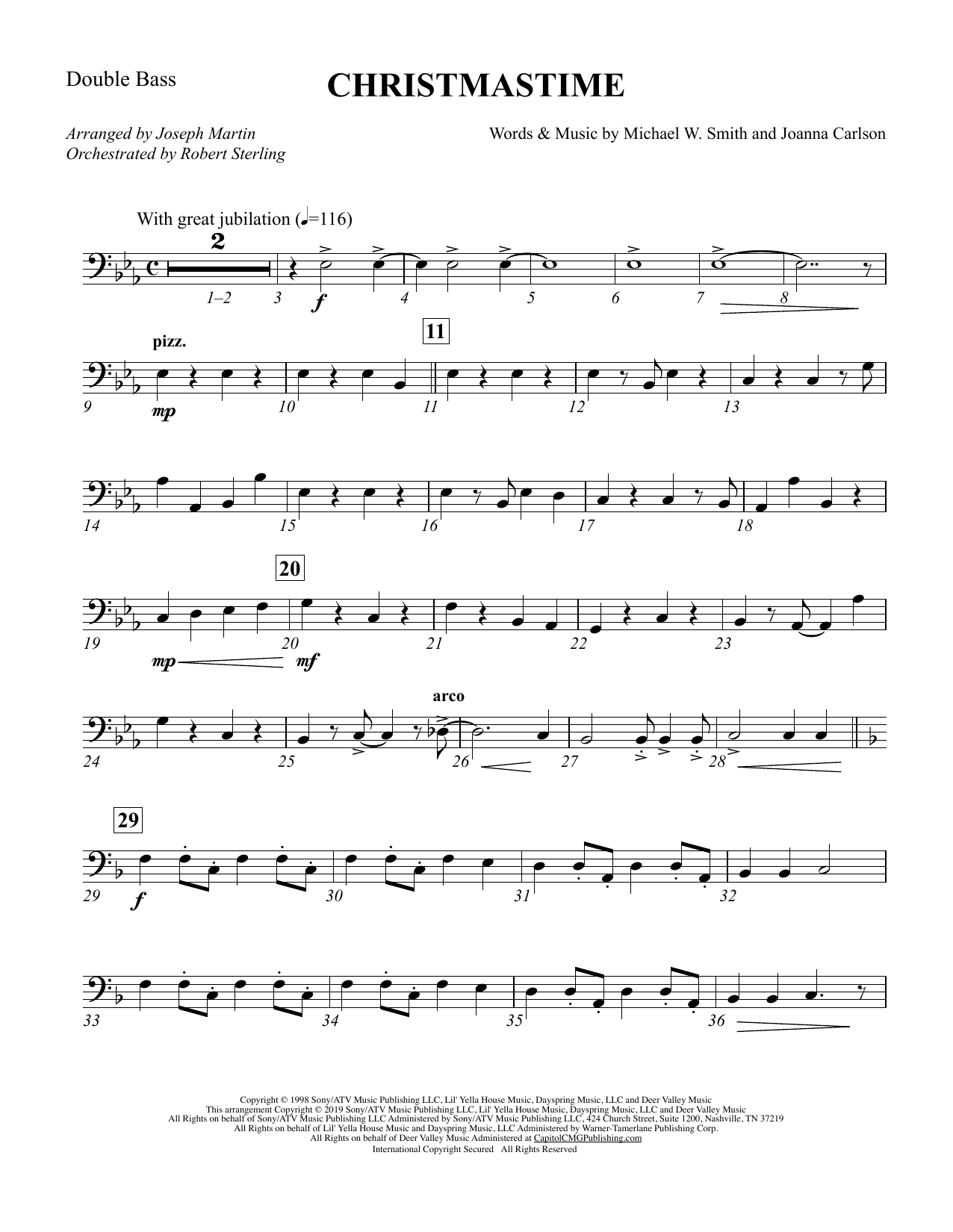 Learn to play Michael W. Smith & Joanna Carlson Christmastime (arr. Joseph M. Martin) - Double Bass sheet music for Choir Instrumental Pak in minutes. Price: 8.9900$ Michael W. Smith & Joanna Carlson Christmastime (arr. Joseph M. Martin) - Double Bass sheet music notes and chords arranged for Choir Instrumental Pak