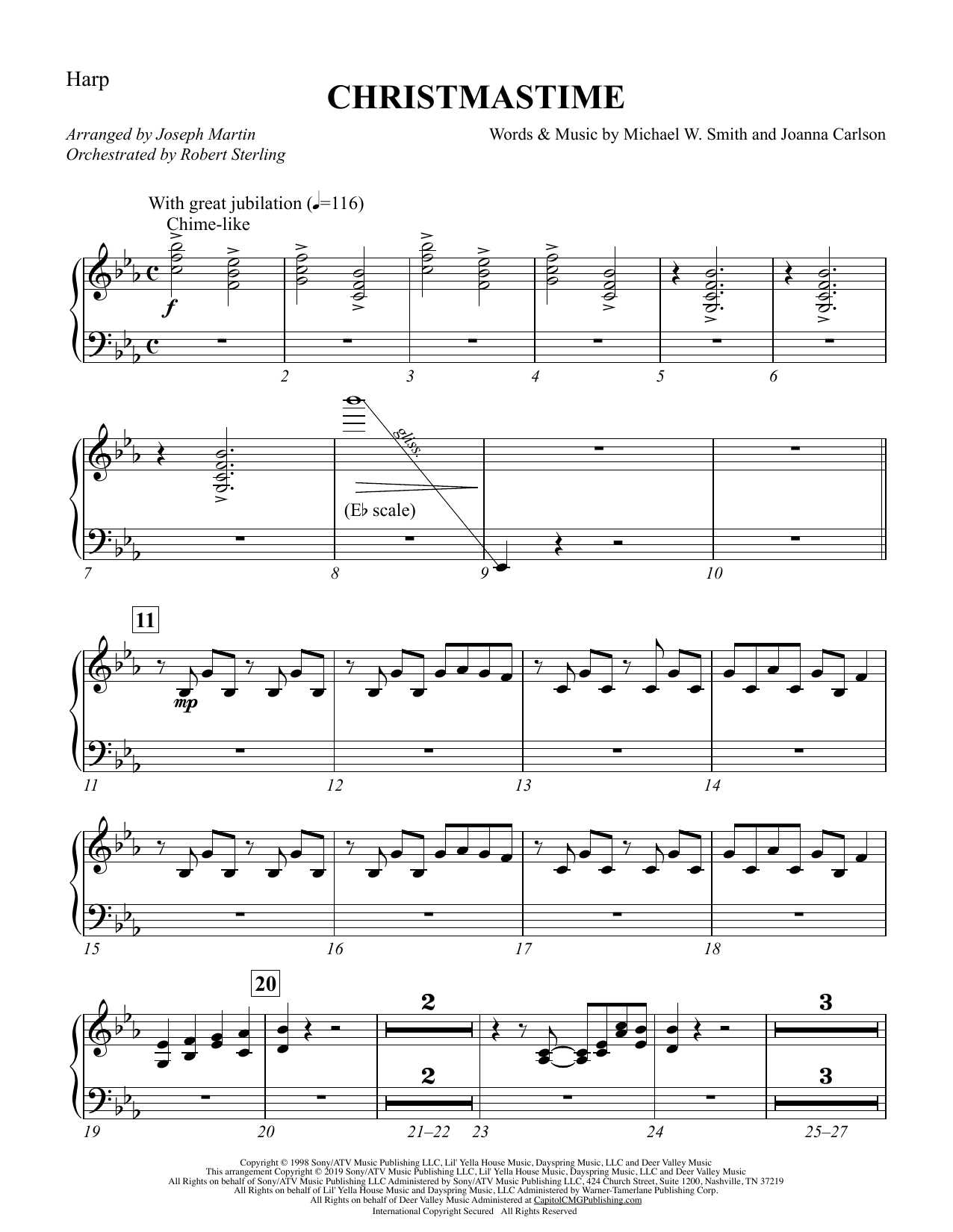 Learn to play Michael W. Smith & Joanna Carlson Christmastime (arr. Joseph M. Martin) - Harp sheet music for Choir Instrumental Pak in minutes. Price: 8.9900$ Michael W. Smith & Joanna Carlson Christmastime (arr. Joseph M. Martin) - Harp sheet music notes and chords arranged for Choir Instrumental Pak