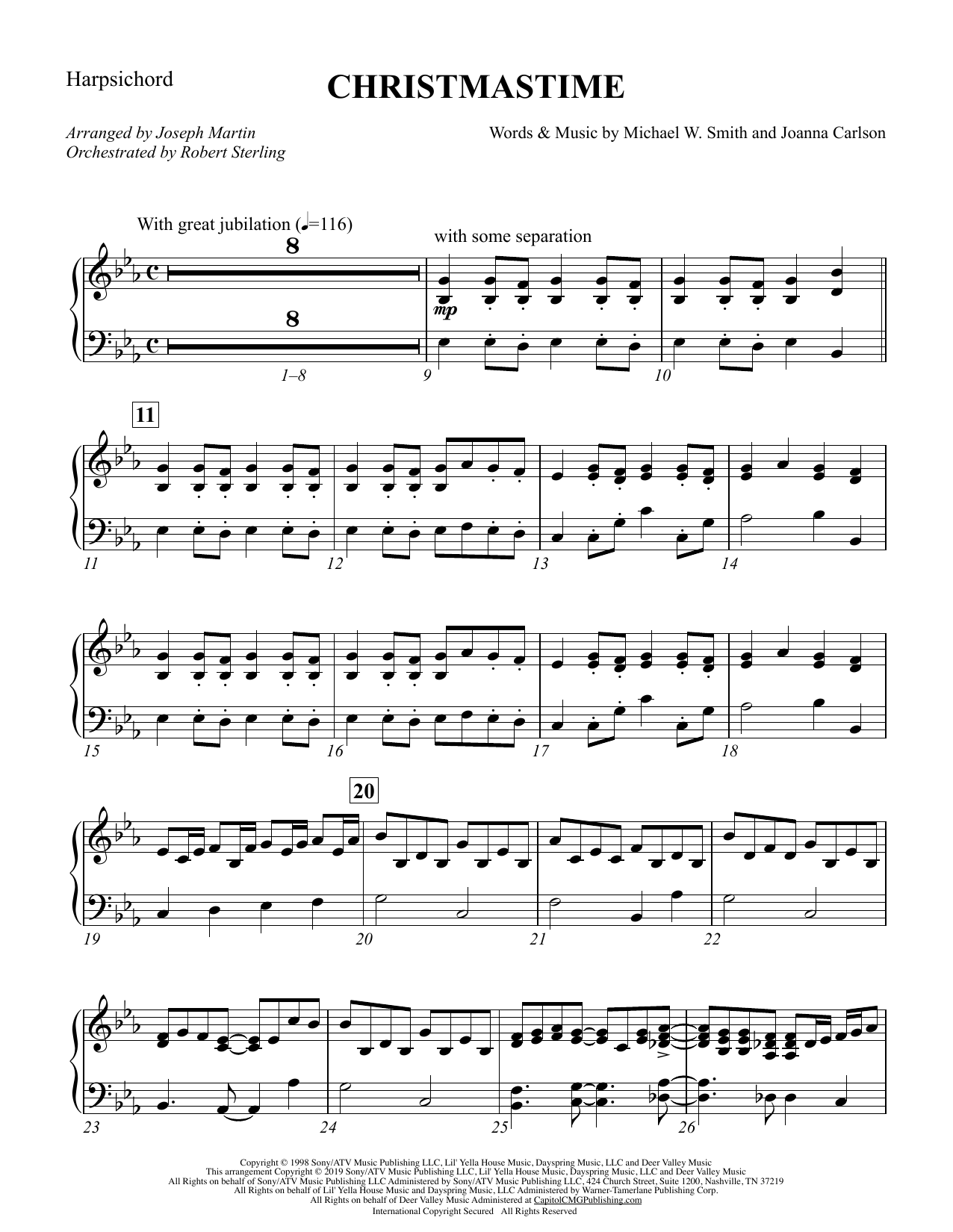 Learn to play Michael W. Smith & Joanna Carlson Christmastime (arr. Joseph M. Martin) - Harpsichord sheet music for Choir Instrumental Pak in minutes. Price: 8.9900$ Michael W. Smith & Joanna Carlson Christmastime (arr. Joseph M. Martin) - Harpsichord sheet music notes and chords arranged for Choir Instrumental Pak