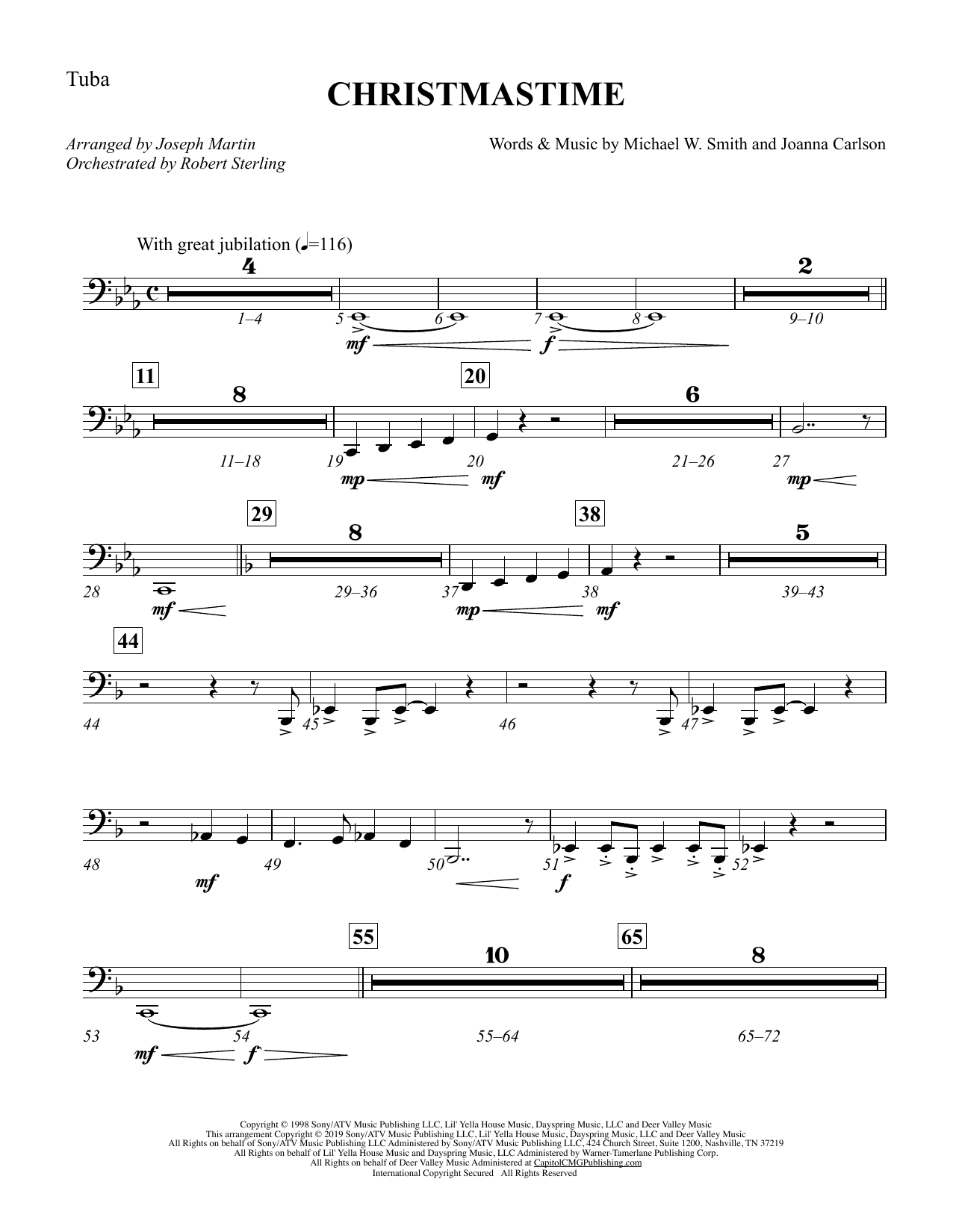 Learn to play Michael W. Smith & Joanna Carlson Christmastime (arr. Joseph M. Martin) - Tuba sheet music for Choir Instrumental Pak in minutes. Price: 8.9900$ Michael W. Smith & Joanna Carlson Christmastime (arr. Joseph M. Martin) - Tuba sheet music notes and chords arranged for Choir Instrumental Pak
