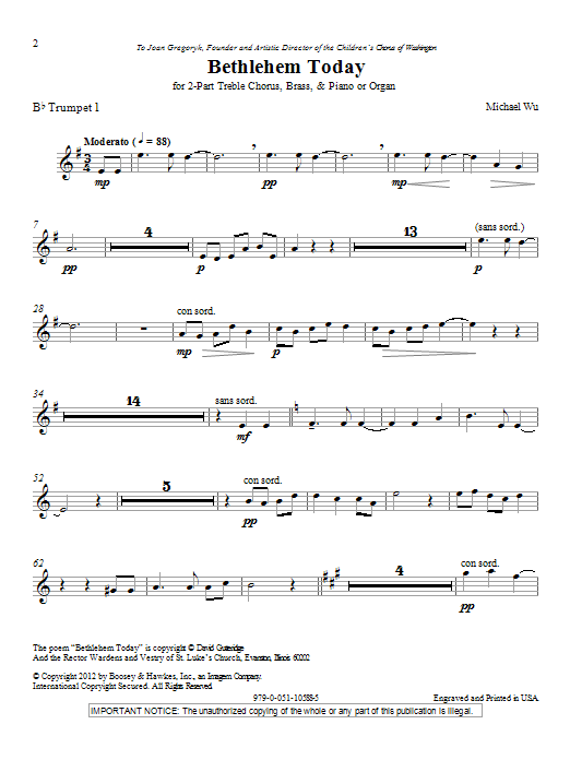 Learn to play Michael Wu Bethlehem Today - Bb Trumpet 1 sheet music for Choir Instrumental Pak in minutes. Price: 8.9900$ Michael Wu Bethlehem Today - Bb Trumpet 1 sheet music notes and chords arranged for Choir Instrumental Pak
