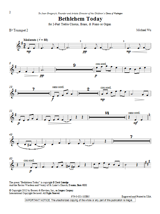 Learn to play Michael Wu Bethlehem Today - Bb Trumpet 2 sheet music for Choir Instrumental Pak in minutes. Price: 8.9900$ Michael Wu Bethlehem Today - Bb Trumpet 2 sheet music notes and chords arranged for Choir Instrumental Pak