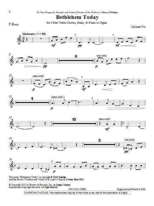 Learn to play Michael Wu Bethlehem Today - F Horn sheet music for Choir Instrumental Pak in minutes. Price: 8.9900$ Michael Wu Bethlehem Today - F Horn sheet music notes and chords arranged for Choir Instrumental Pak