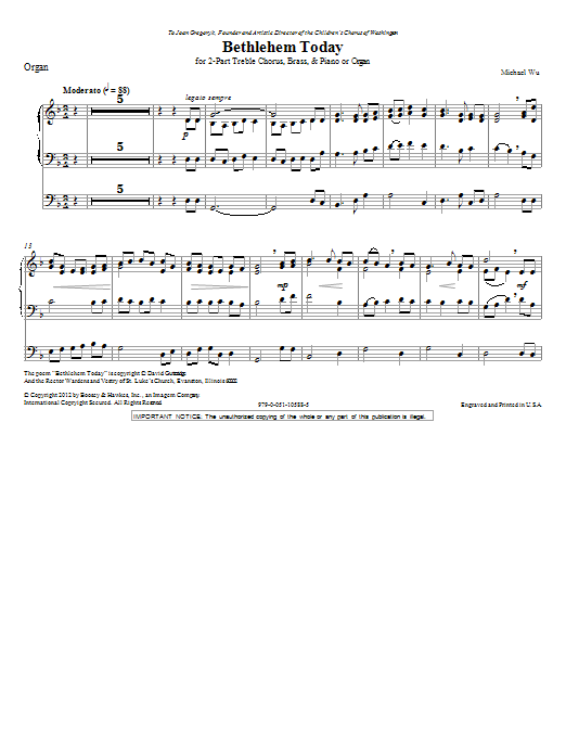 Learn to play Michael Wu Bethlehem Today - Organ sheet music for Choir Instrumental Pak in minutes. Price: 8.9900$ Michael Wu Bethlehem Today - Organ sheet music notes and chords arranged for Choir Instrumental Pak
