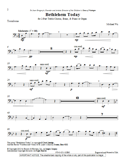 Learn to play Michael Wu Bethlehem Today - Trombone sheet music for Choir Instrumental Pak in minutes. Price: 8.9900$ Michael Wu Bethlehem Today - Trombone sheet music notes and chords arranged for Choir Instrumental Pak