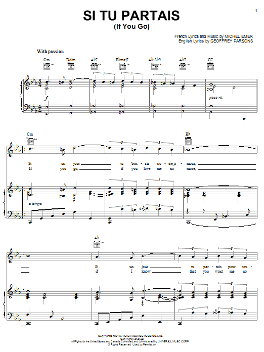 Michel Emer If You Go sheet music notes and chords. Download Printable PDF.