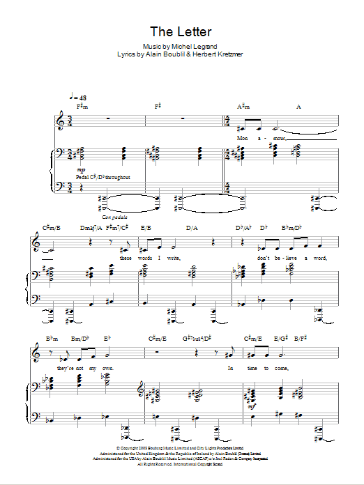 Michel Legrand The Letter (from Marguerite) sheet music notes and chords. Download Printable PDF.