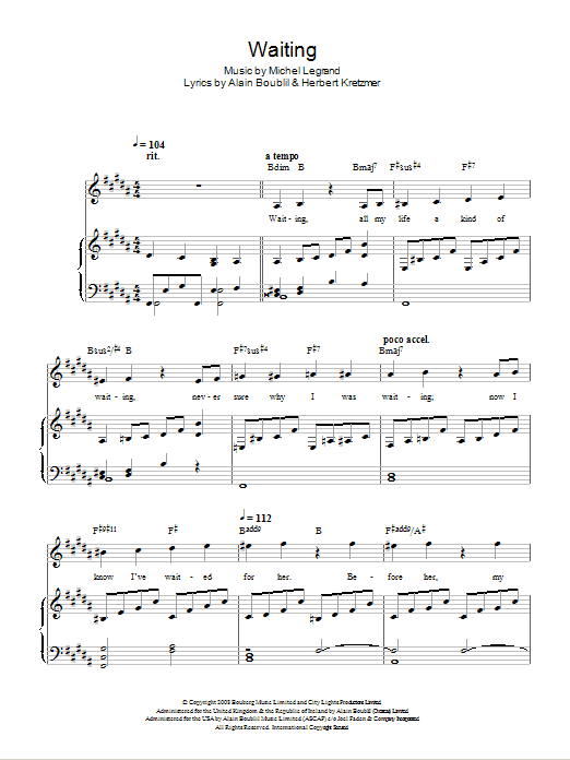 Michel Legrand Waiting (from Marguerite) sheet music notes and chords. Download Printable PDF.
