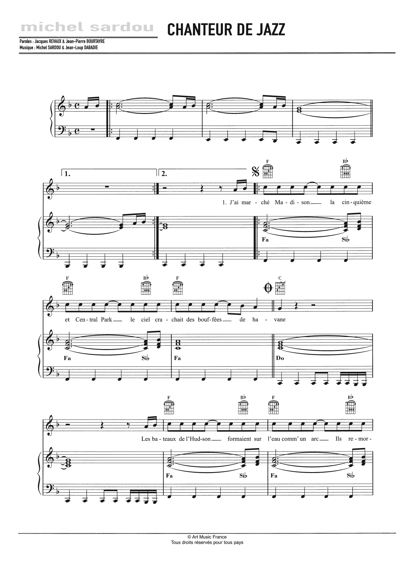 Michel Sardou Chanteur De Jazz sheet music notes and chords. Download Printable PDF.