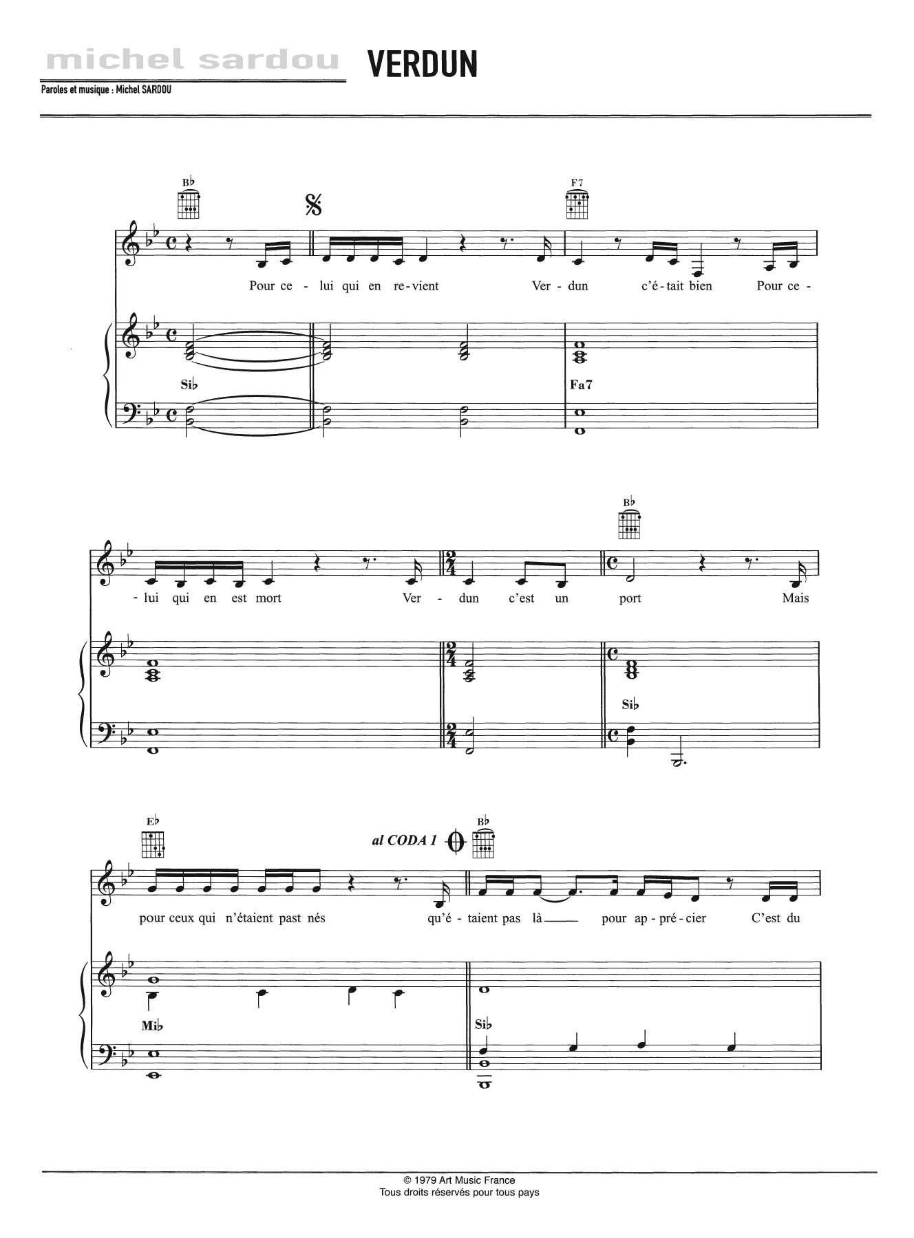 Michel Sardou Verdun sheet music notes and chords. Download Printable PDF.