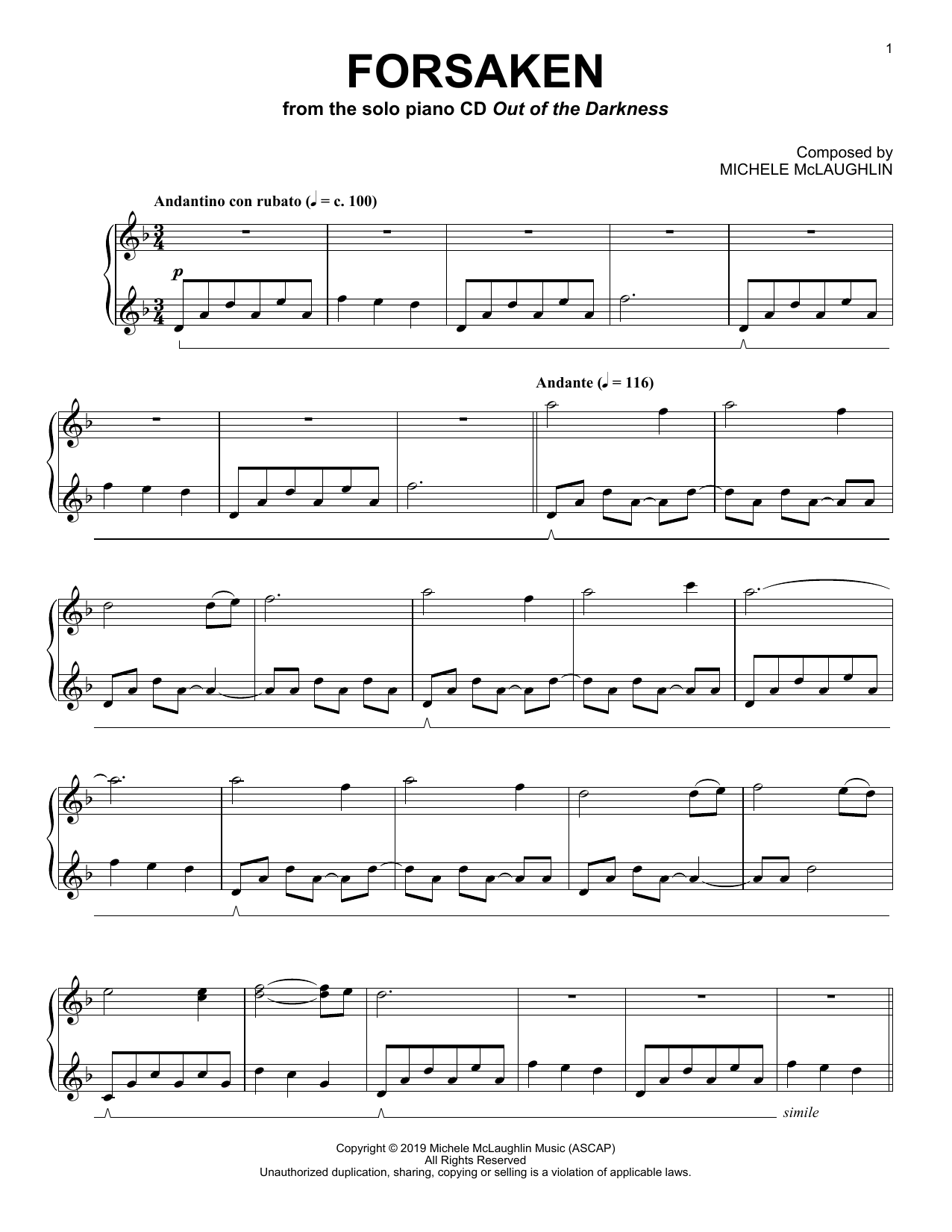 Michele McLaughlin Forsaken sheet music notes and chords. Download Printable PDF.