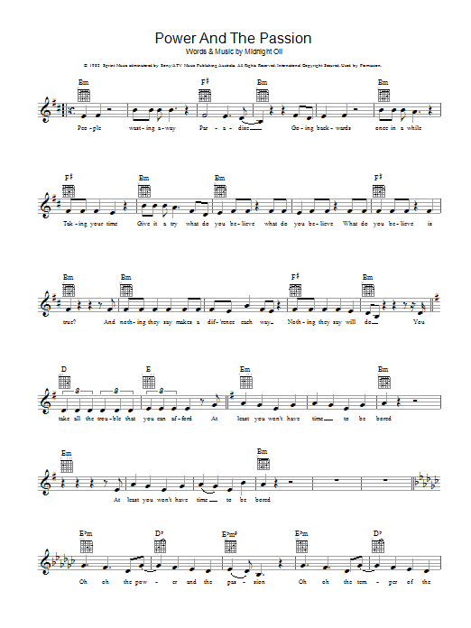 Learn to play Midnight Oil Power And The Passion sheet music for Lead Sheet / Fake Book in minutes. Price: 5.9900$ Midnight Oil Power And The Passion sheet music notes and chords arranged for Lead Sheet / Fake Book