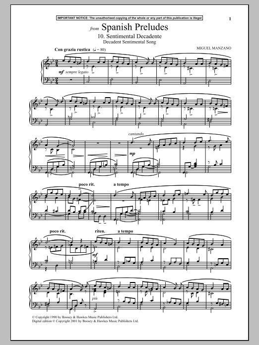 Learn to play Miguel Manzano Spanish Preludes, 10. Sentimental Decadente (Decadent Sentimental Song) sheet music for Piano Solo in minutes. Miguel Manzano Spanish Preludes, 10. Sentimental Decadente (Decadent Sentimental Song) sheet music notes and chords