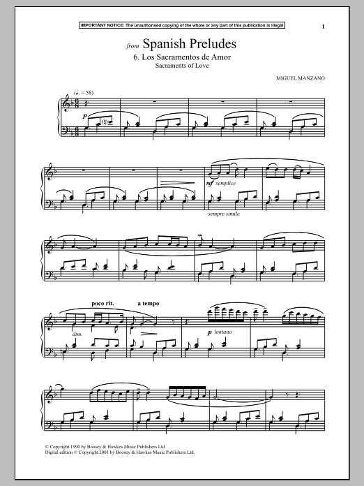 Learn to play Miguel Manzano Spanish Preludes, 6. Los Sacramentos De Amor (Sacraments Of Love) sheet music for Piano Solo in minutes. Miguel Manzano Spanish Preludes, 6. Los Sacramentos De Amor (Sacraments Of Love) sheet music notes and chords. Download Printable PDF.