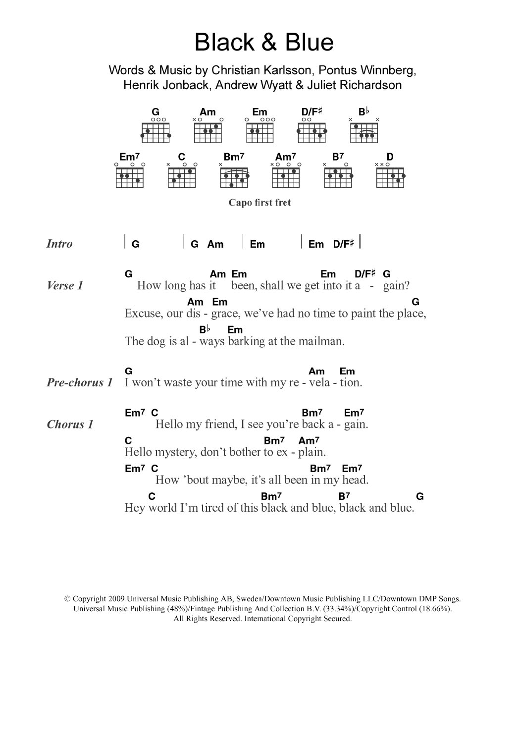 Miike Snow Black and Blue sheet music notes and chords. Download Printable PDF.